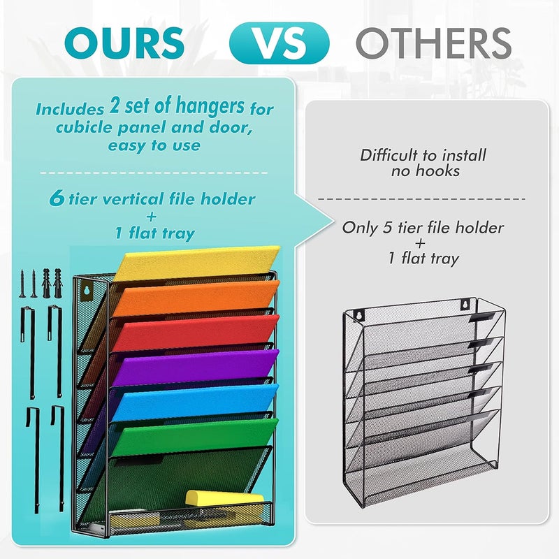 MINDEPOT 7-Tier Wall Hanging File Organizer Cubicle Hanging Organizer Mount File Holder, Mesh Magazine Document Mail Organizer Wall Organizer for Office School Home, Black - Image 3